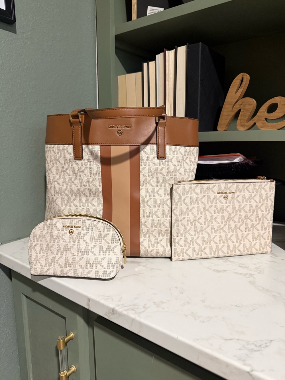 Michael Kors Ivory Signature Tote with Chestnut Trim and Matching Pouches
